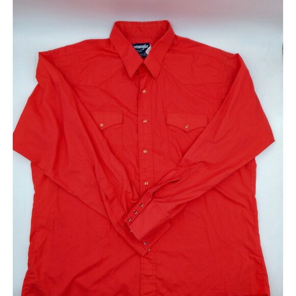 Wrangler Pearl Snap Button Red Shirt Cowboy Cut 1980s Regular Fit XLong Tails - Picture 1 of 11